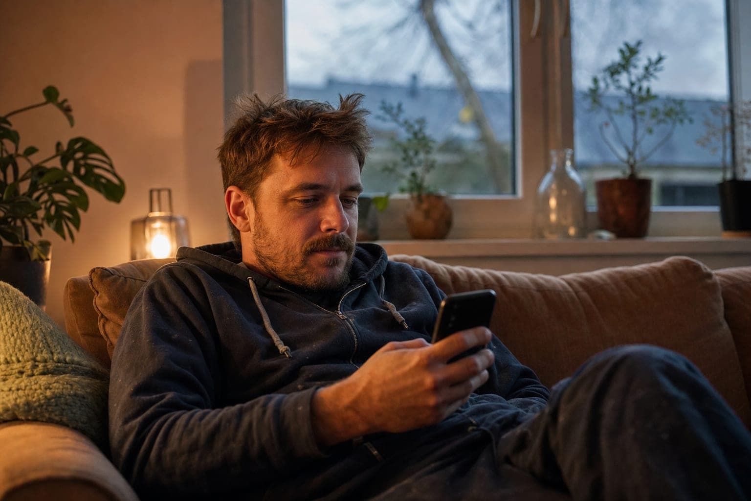 Fachkraft zuhause auf dem Sofa mit dem Telefon in der Hand